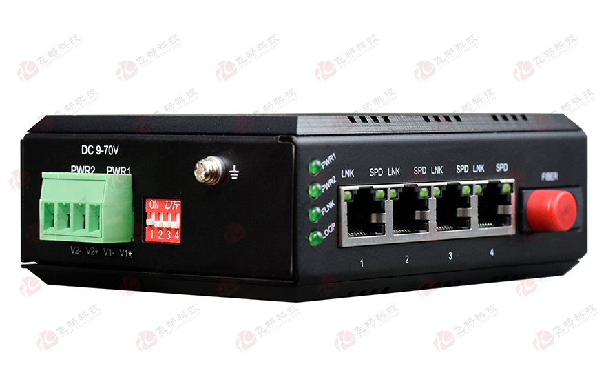 飛暢科技-mini工業(yè)軌式 4路百兆(物理隔離，總帶寬100M)轉(zhuǎn)1路百兆光